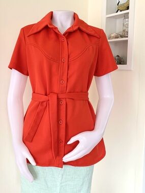 vintage western red orange button front short sleeve top with waist tie